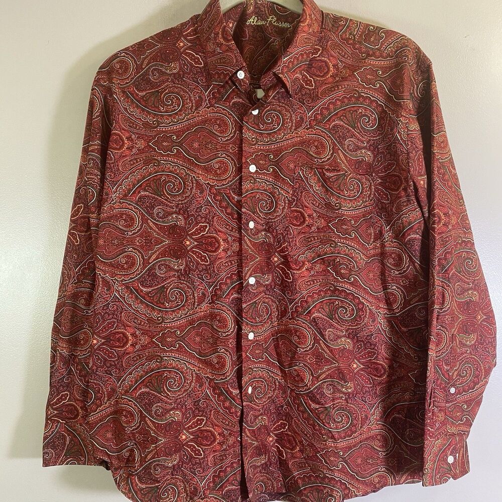 Alan Flusser Shirt Men XL Colorful Red Paisley All Over Bright Cotton Button